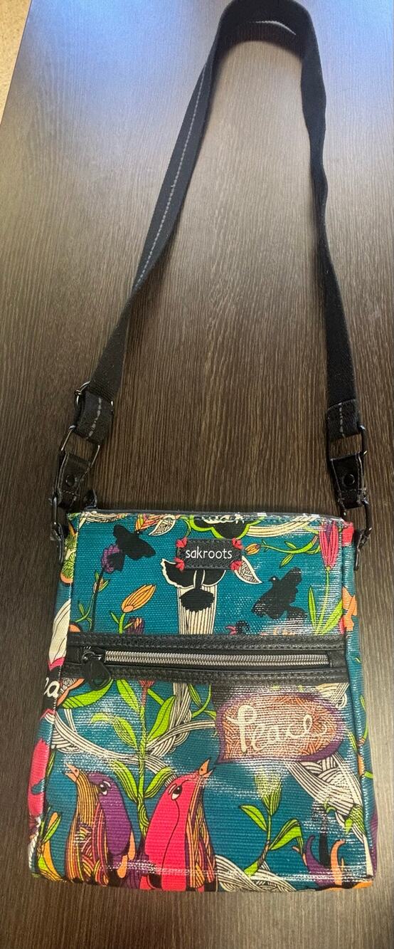 Sakroots Artist Circle Teal Blue Bird Floral Boho Crossbody Purse